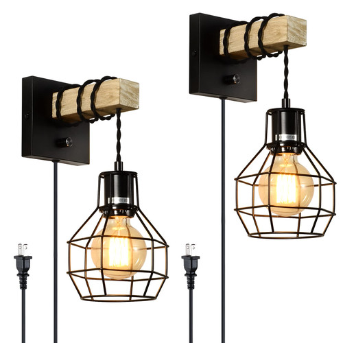 Plug in Wall Sconces Set of Two, Dimmable Wall Lamp with Plug in Cord, Black Wall Sconces Lighting with Dimmer ON/Off Switch, Farmhouse Wall Mounted Light Fixture for Headboard Bedroom Porch, 2 Pack Plug in Wall Sconces Set of Two, Dimmable Wall Lamp with Plug in Cord, Black Wall Sconces Lighting with Dimmer ON/Off Switch, Farmhouse Wall Mounted Light Fixture for Headboard Bedroom Porch, 2 Pack