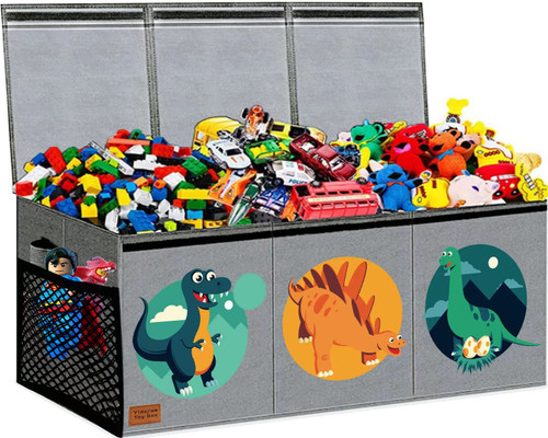 Toy Chest for Boys,Kids Toy Storage Bins,Toy Box for Boys,Collapsible toy organizers with Lid Handles,Removable Divider,Large Storage Containers for Playroom,Bedroom,Nursery,Dinosaur Pattern (grey)