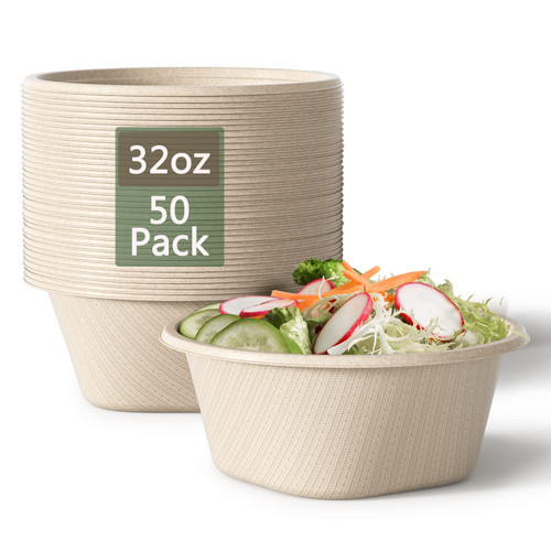 Homestockplus 32 Oz Deep Paper Bowls Disposable Soup Bowls Disposable Heavy Duty Compostable Bowls, Eco-friendly Sugarcane Bagasse Biodegradable Bowls for Soup, Salad, Dessert, Ice Cream [50 Pack]