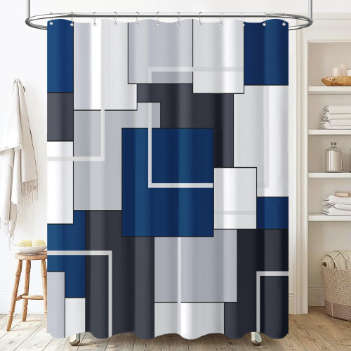 BTTN Extra Long Shower Curtain, 72x84 Inches Long Geometric Waterproof Cloth Shower Curtain Set with 12 Hooks, Weighted Hem, Tall Modern Polyester Fabric Shower Curtain for Bathroom - Navy Blue