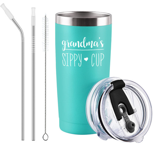 Grandma's Sippy Cup Travel Tumbler with 2 Lids, Birthday Christmas Gift for Grandma Grandmother Nana Gigi Mom Mother's Day Thanksgiving Day, 20 Oz Funny Insulated Stainless Steel Tumbler, Mint