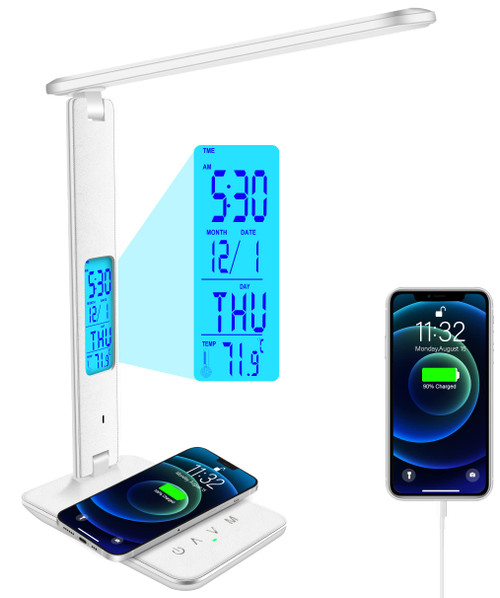 snsok Desk Lamp, Desk Light with Wireless Charger, USB Charging Port, Dimmable Office Desk Lamp with Clock, Alarm, Date, Temperature, Foldable Table Lamp for Table Bedroom Bedside Offic (White) snsok Desk Lamp, Desk Light with Wireless Charger, USB Charging Port, Dimmable Office Desk Lamp with Clock, Alarm, Date, Temperature, Foldable Table Lamp for Table Bedroom Bedside Offic (White)