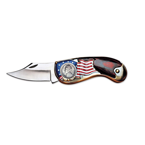 American Flag Coin Pocket Knife with Silver Wartime Jefferson Nickel | 3-inch Stainless Steel Blade | Genuine United States Coin | Collectible | Certificate of Authenticity