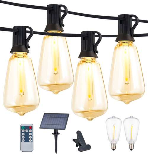 GLSbuld Solar String Lights Outdoor Waterproof, Outside String Lights with 15 Sockets and 2 Spare Shatterproof ST38 Edison Bulbs,50FT Patio Lights, Hanging Lights for Porch,Backyard Hotel