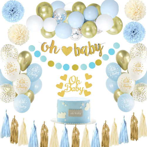 Baby Shower Decorations for Boy, Baby Boy Shower Decorations, Blue White Baby Boy Balloons, Baby Party Decorations with Oh Baby Sign, Blue Balloon Garland for Baby Shower Oh Baby Party Decoration