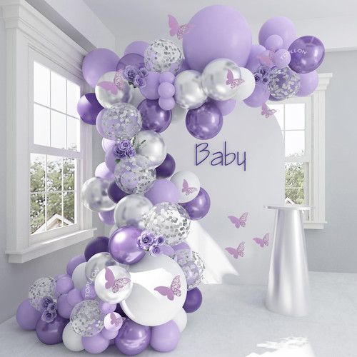 TOPLLON Purple Balloon Garland Kit 134 Pcs, Purple Baby Shower Decorations for Girl 12 Pcs Butterfly Stickers Silver Lavender Balloon Arch for Birthday Wedding Decorations