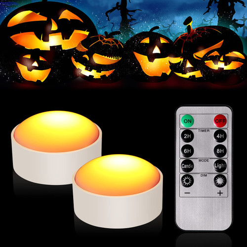 Riakrum Halloween Pumpkin Lights with Remote and Timer 2 Pieces Flameless Jack O Lantern Pumpkin LED Candles Candle Lights Battery Operated for Halloween Thanksgiving Day Outdoor Pumpkin Decor(White)