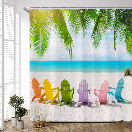PZMPZM Beach Shower Curtain Summer Ocean Scenery Colorful Beach Chair Tropical Palm Coconut Tree Sea Wave Birds Seaside Nature Bathroom Decor Polyester Fabric Curtains with Hooks 70Wx70H inch