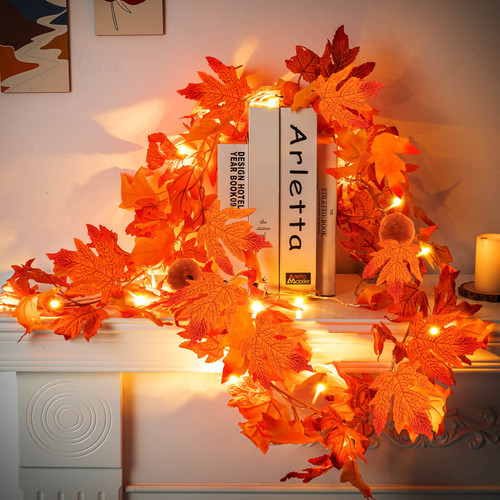 HFXXAD Fall Maple Leaf Garland, Fall Pumpkin Garland Lights with 20 LED & 4 Pumpkin, Artificial Hanging Fall Leave Vines, Fall Floral Garlands Thanksgiving Decor for Home Wedding Party(6 Ft)