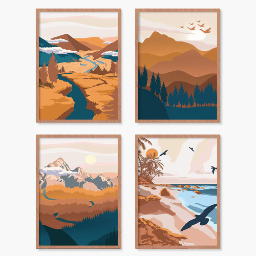 YUMKNOW Boho Mountain Wall Decor - Umframed 8x10 Set of 4, Vintage Mid Century Modern Art for Bedroom, Minimalist Nature Wall Postes Prints for Living Room, Terracotta Aesthetic Bathroom Office Gifts