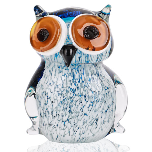 Blue Owl Decor Glass Animals Statue, Cute Owl Figurines Home Decor Glass Sculpture, Glass Art Owl Paperweight, for Shelf Accents for Home Office Decor and Owl Lovers