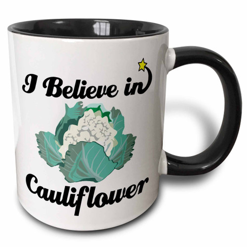 3dRose I Believe In Cauliflower Two Tone Mug, 11 oz, Black/White
