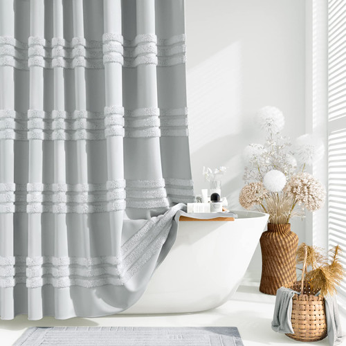 Dynamene Extra Long Shower Curtains, 84 Inches Long Textured Tufted Chenille Striped Fabric Bathroom Shower Curtain, Tall Modern Shabby Chic Cloth Shower Curtain Set with Hooks, Grey, 72x84 Dynamene Extra Long Shower Curtains, 84 Inches Long Textured Tufted Chenille Striped Fabric Bathroom Shower Curtain, Tall Modern Shabby Chic Cloth Shower Curtain Set with Hooks, Grey, 72x84