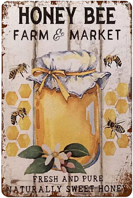 Geuuki Metal Sign Honey Bee Farm Market Farmhouse Vintage Signs Retro Tin Signs Aluminum Sign for Kitchen Home Garden Wall Bar Cafe Decor 8x12 Inches