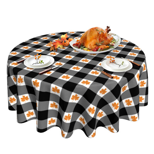 Fall Tablecloth, Black White Buffalo Plaid Round Tablecloth 60 Inch, Autumn Maple Leaf Table Cloth for Rustic Farmhouse Kitchen Decor, Wipeable Polyester Fabric Table Cover for Outdoor Holiday Party Fall Tablecloth, Black White Buffalo Plaid Round Tablecloth 60 Inch, Autumn Maple Leaf Table Cloth for Rustic Farmhouse Kitchen Decor, Wipeable Polyester Fabric Table Cover for Outdoor Holiday Party