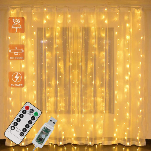 LED Fairy Curtain Lights, 300 LED Window Curtain String Lights USB Power 8 Modes Wall Fairy String Hanging Lights with Remote for Indoor Outdoor Bedroom Wedding Party Christmas Decorations-Warm white