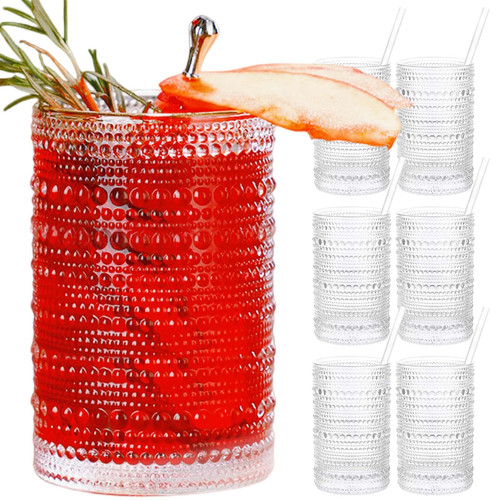 Vintage Drinking Glasses, 15 oz Hobnail Drinking Glasses Set of 6, Includes 8 Glass Straws, Ribbed Glassware, Hobnail Glassware, Whiskey Glasses, Cocktail Glasses, Romantic Highball Glasses