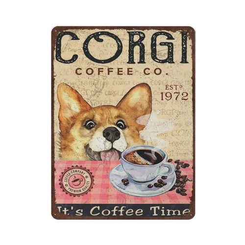 EYSL Antique Durable Thick Metal Sign, Corgi Dog Poster, Corgi Dog Coffee Tin Sign, Coffee Decorations for Kitchen, Novelty Signs for Home Kitchen Cafe Bar Man Cave, Size 8x12 Inches