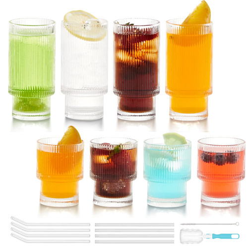 YL-ESH Drinking Glasses Origami Style Set of Glass Cups, 4 Highball Glasses & 4 Rocks Glasses, Elegant Ripple Vintage Glassware, Iced Coffee Glasses, Ideal for Wedding, Whiskey, Beer, Cocktail, Juice