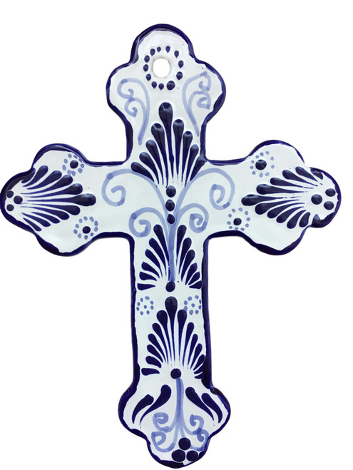 Casa Fiesta Designs Mexican Ceramic Cross, Blue and White Hand Painted Floral Wall Mounted Talavera Cross 8 X 5.5 inches, Handmade in Mexico, Cruz Azul y Blanco