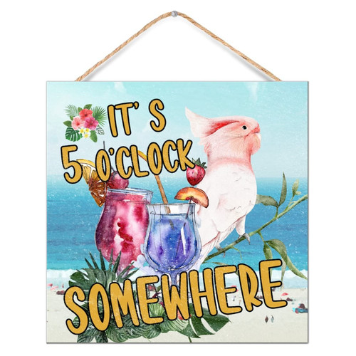 It's 5 O'Clock Somewhere Wood Home Sign Table Decor Modern Tropical Flamingo Hawaiian Aloha Signs Vertical Established Wood Sign for Room Kitchen Front Door 12x12in