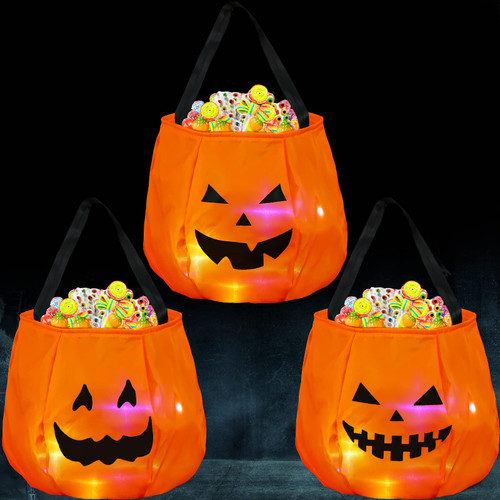 Cunno 3 Pcs LED Light Halloween Candy Bags 9.84 x 9.84 Inch Pumpkin Candy Bucket Trick or Treat Bucket Light up Treat Bag Reusable Goody Bucket with Smile Face for Kids Halloween Party Favors Supplies