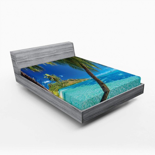 Ambesonne Ocean Fitted Sheet, Image of a Tropical Island Beach Theme The Palm Trees and Clear Sea Print, Soft Decorative Fabric Bedding All-Round Elastic Pocket, Full Size, Turquoise Blue