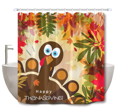 LB Happy Thanksgiving Shower Curtain Fall Theme Brown Turkey with Maple Leaves Seasonal Scene Holiday Shower Curtain for Kids Bathroom 72x72 Inch Polyester Fabric with 12 Hooks