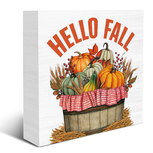 Fall Decor Sign Hello Fall Wood Box Sign Pumpkins Fall Wood Sign Decor Autumn Wooden Block Sign Farmhouse Decoration for Home Shelf Desk