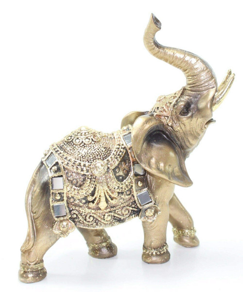 Feng Shui 7"(H) Brass Color Elegant Elephant Trunk Statue Wealth Lucky Figurine Home Decor Gift
