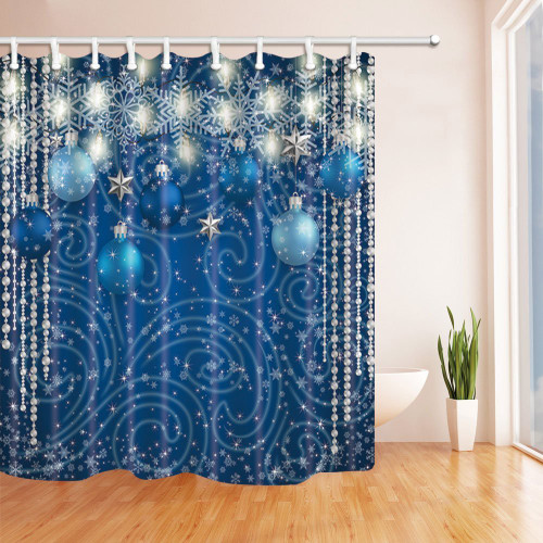 NYMB Christmas Shower Curtain Bathroom Decor, Blue Balls Silver Stars Lights Snowflake for New Year, Polyester Fabric Winter Festival Shower Curtains for Bathroom, Bath Curtain Hooks Included,69X70in