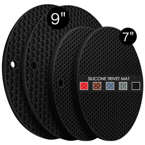 4 Pack Silicone Trivet Mats, 7 Inch & 9 Inch Flexible Heat Resistant Silicone Hot Pads Pot Holders for Kitchen Counter, Round Silicone Trivets for Hot Dishes, Silicone Potholders Jar Opener(Black)