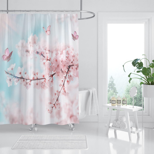Hipposama Pink Cherry Blossom Shower Curtain, Japanese Sakura Floral Shower Curtain Set, Plant Flower Cherry Shower Curtains for Bathroom, Waterproof Fabric with 12 Hooks, 72 x 72 Inches