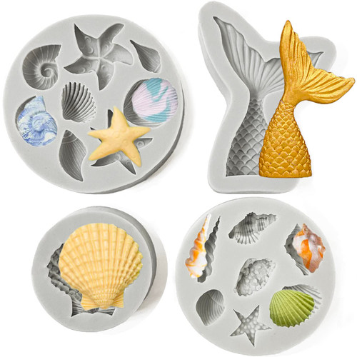 FantasyBear Mermaid Silicone Mold,Mermaid Tail,Seashell,Conch,Starfish Silicone Mold for Cupcake Toppers,Candy,Chocolate,Fondant,Polymer Clay,Craft Cake Decoration (4pcs Seashell Mold)