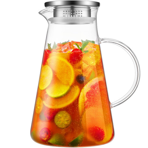 2 Liter 68 oz Glass Pitcher with Lid, Bivvclaz Glass Water Pitcher for Fridge, Glass Water Carafe for Hot/Cold Beverage, Iced Tea Pitcher, Large Pitcher for Coffee, Juice, Easy Clean Glass Jug