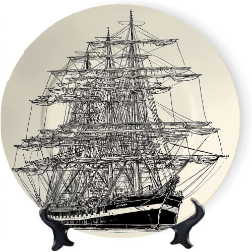 VBTGVE Pirate Ship Plate Hanging Discs, 6", Sailing Boat Detailed Illustration Nautical Maritime Theme Vintage Style Art, Ceramic Tile Wall Decor for Home Office Decor, Cream Black