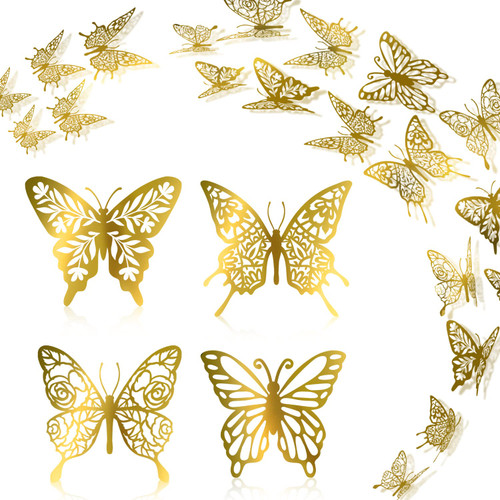 Christmas Gold Butterfly Wall Decor Butterfly Stickers, 48Pcs 3 Sizes 4 Styles Butterfly Party Decorations Balloon Birthday Cake Decorations, Removable Stickers Decals for Celebration Wedding Decor Home Decor