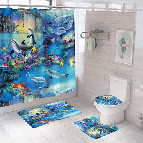 DDS-DUDES Dolphin Shower Curtain, Blue Ocean Shower Curtains Sets, Funny Shower Curtains with 12Hooks, Polyester Fabric Waterproof Curtains for Bathroom Beach Theme Decor 71" x 71" (Ocean 8)