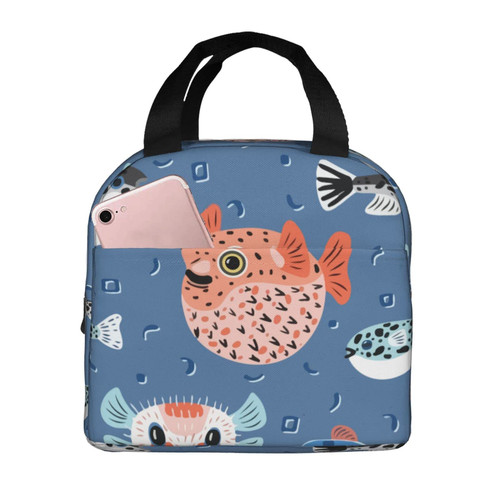 Reusable Lunch Tote Bag Puffer Fish Pattern Insulated Lunch Bag Durable Cooler Lunch Box
