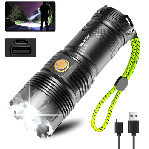 WholeFire Super Bright Rechargeable Flashlights 200000 High Lumens, Upgrade 30W Powerful Flashlights, Handheld Led Flashlights for Emergencies Camping Gift, 4 Modes, Adjustable Focus, Waterproof