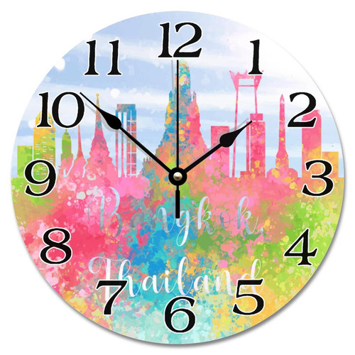 Guangpat Thailand Bangkok Skyline Silhouette Wall Clock Colorful Bangkok Cityscape 10 Inch Wall Clocks Battery Operated Time Clock Wall Art Modern Home Decor for Living Room Kitchen Bedroom