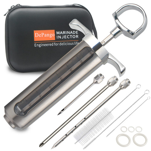 DePango Meat Injector, Stainless Steel Marinade Injector Flavor Syringe Kit with 2-oz Measurement Window for Smoker Food BBQ Grill, Cooking Turkey Chicken Steak Beef Brisket Pork-Chops, 3 Meat Needles DePango Meat Injector, Stainless Steel Marinade Injector Flavor Syringe Kit with 2-oz Measurement Window for Smoker Food BBQ Grill, Cooking Turkey Chicken Steak Beef Brisket Pork-Chops, 3 Meat Needles