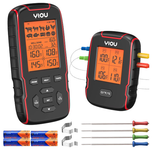 YIOU Wireless Meat Thermometer, 500ft Grill Thermometer 4 Probe Thermometer Ultra Accurate Fast Reading Food Cooking Grilling BBQ Thermometer Timer Smoker Thermometer for Steak Oven Safe, Red YIOU Wireless Meat Thermometer, 500ft Grill Thermometer 4 Probe Thermometer Ultra Accurate Fast Reading Food Cooking Grilling BBQ Thermometer Timer Smoker Thermometer for Steak Oven Safe, Red
