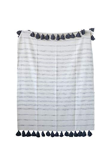 Creative Co-Op Cream Cotton Woven Throw with Grey Stripes and Tassels