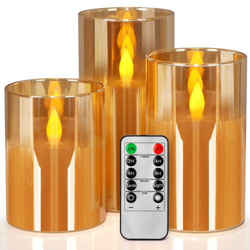 Flameless Flickering LED Candles 4" 5" 6" Set of 3 Battery Operated Glass Pillar Candles with Remote Control and Timer, Amber