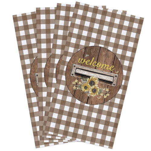 Chees D Zone Kitchen Towels Cotton Dish Towel,Vintage Farm Sunflower Wood Grain Soft Dishcloth Absorbent Tea Towel,Brown White Buffalo Plaid Reusable Washable Hand Towels 4 Pack
