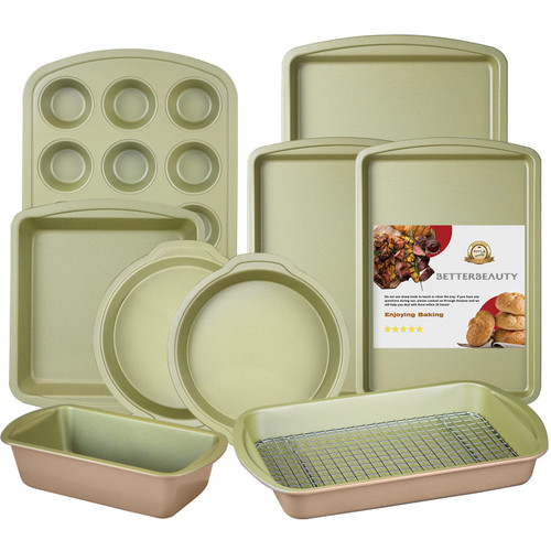 Nonstick Bakeware Set 10 Pcs, Professional Kitchen Bicolor Baking Pans Set with Cookie Sheets, Muffin Pan, Bread Pan, Loaf Pan, Cake Pan and Cooling Rack, 0.8mm Thick/Dishwasher Safe/Heavy Duty