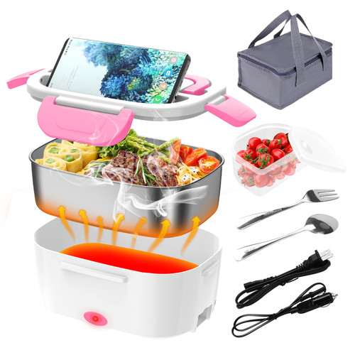 CHARMDOO Electric Lunch Box 60W Food Warmer Heater 12V 24V 110V Faster Heated Lunch Box for Car/Truck/Home Portable Heating Boxes with 1.5L 308 SS Container Fork & Spoon