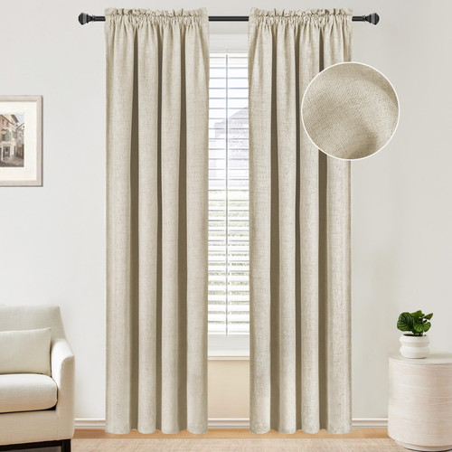 100% Blackout Shield Linen Blackout Curtains 84 Inches Long 2 Panels Set, Blackout Curtains for Bedroom/Living Room, Thermal Insulated Rod Pocket Window Curtains & Drapes, 50W X 84L, Natural Flax