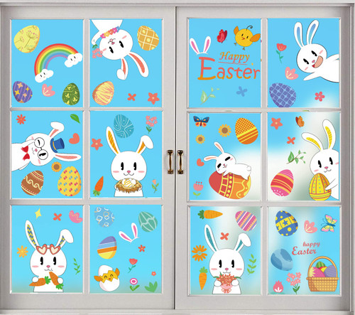 WCJL 144 pcs Easter Egg Window Clings?9 Sheets Easter Bunny Glass Window Stickers Decoration for Easter Stickers Family Holiday Party and Spring Bright